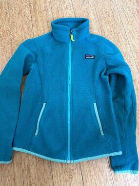 Patagonia Fleece Jacket Youth M 10 Blue Full Zip Logo Pockets Thumbhole